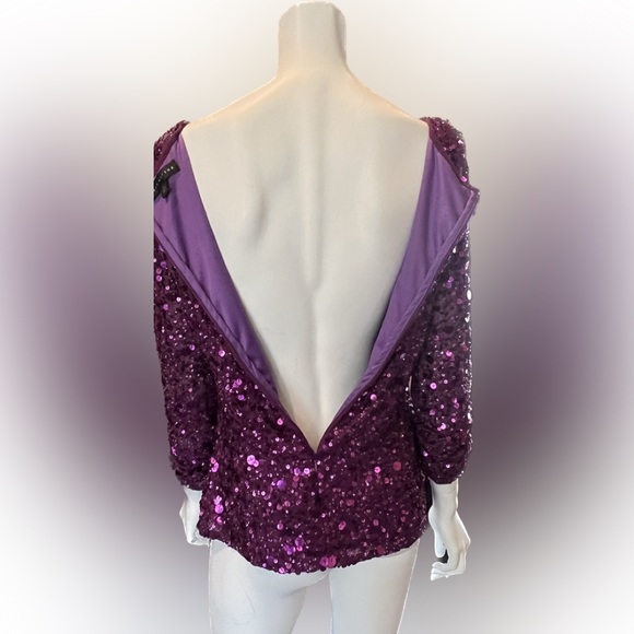 NWT Aidan Mattox Pink Purple Sequin Blouse Shirt Ruched Sleeves V Neck Size S - Picture 5 of 16